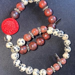 Ela are beaded bracelets Cinnabar carved flower stones rare